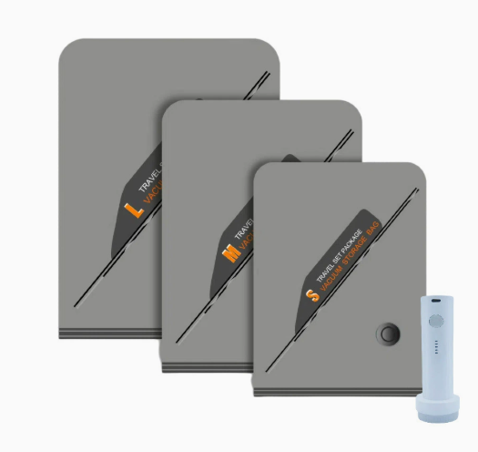 🎒 50% DE RÉDUCTION ⚡ Kit de compression sans fil portable – Pompe 4500 Pa & gain d’espace 75% – 3 tailles, rechargeable – parfait pour voyages, rangement ou literie 🧳