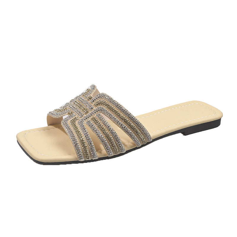 🎇👡Dernier jour Promotion 55%👡🎇Claquettes plates à bout carré et strass géométriques pour femmes