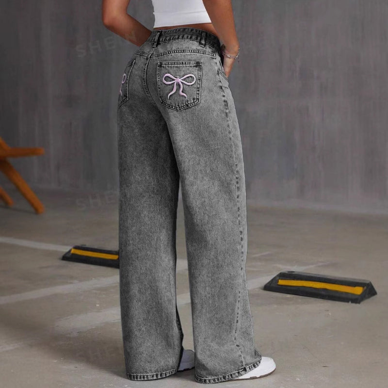👖✨50 % de réduction + livraison gratuite 🌸Jean droit taille haute brodé d'un nœud