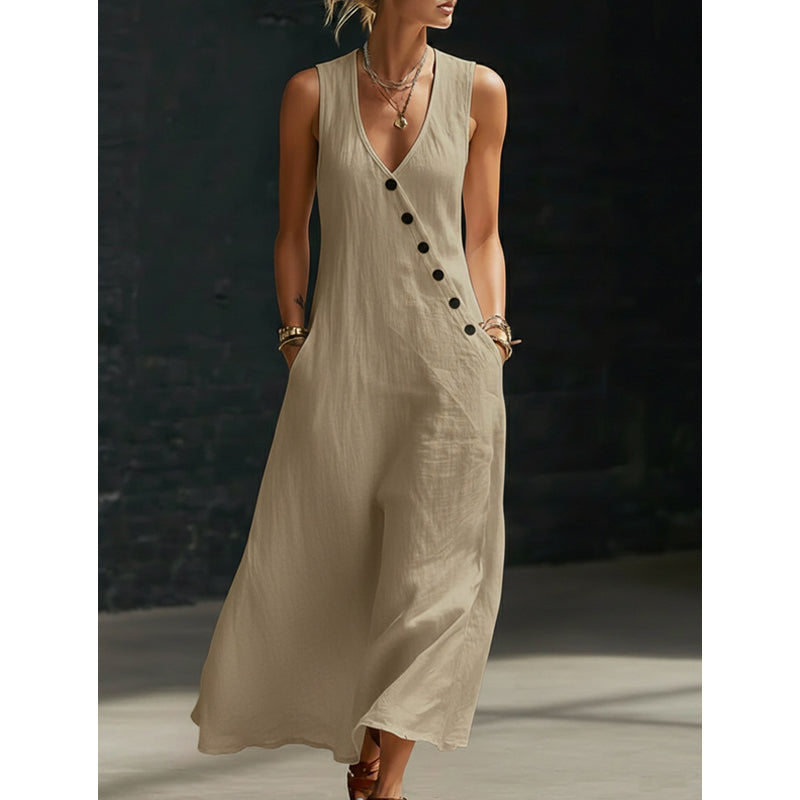 👗⏰ 55% DE RÉDUCTION ! Robe Longue Femme en Coton-Lin – Col en V, Boutons Asymétriques & Poches, Coupe Fluide pour l'Été 🌊