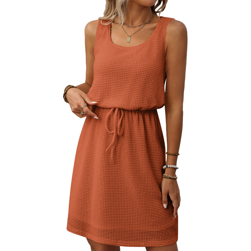 🎀🍂 50 % de réduction🔥 Robe sans manches pour femme en maille gaufrée, avec cordon de serrage à la taille