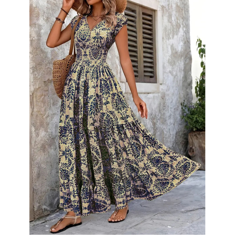 👗🌸57% de réduction 🍂 Robe longue à col en V et imprimé floral, avec smocks, pour femme🍁