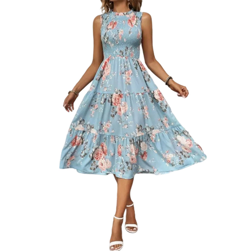 💐 PROMO -50% ! Robe sans Manches Décontractée 🌸| Imprimé Floral, Coupe Midi & Jupe à Étages & Style Bohème 🌴