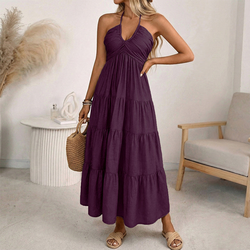 👗56 % de réduction + livraison gratuite à partir de 2 articles ! 🚚💨Robe longue à volants, dos nu et col licou pour femme