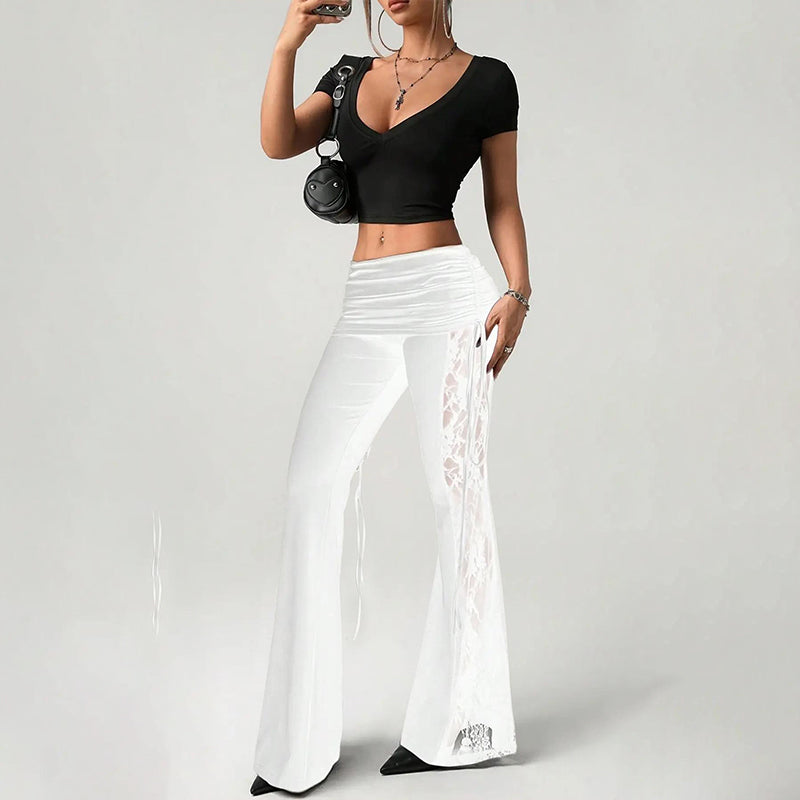 🧵 Pantalon évasé femme à fronces et empiècement en dentelle – Élégant, respirant & parfait pour un look chic ou romantique au quotidien 🌸