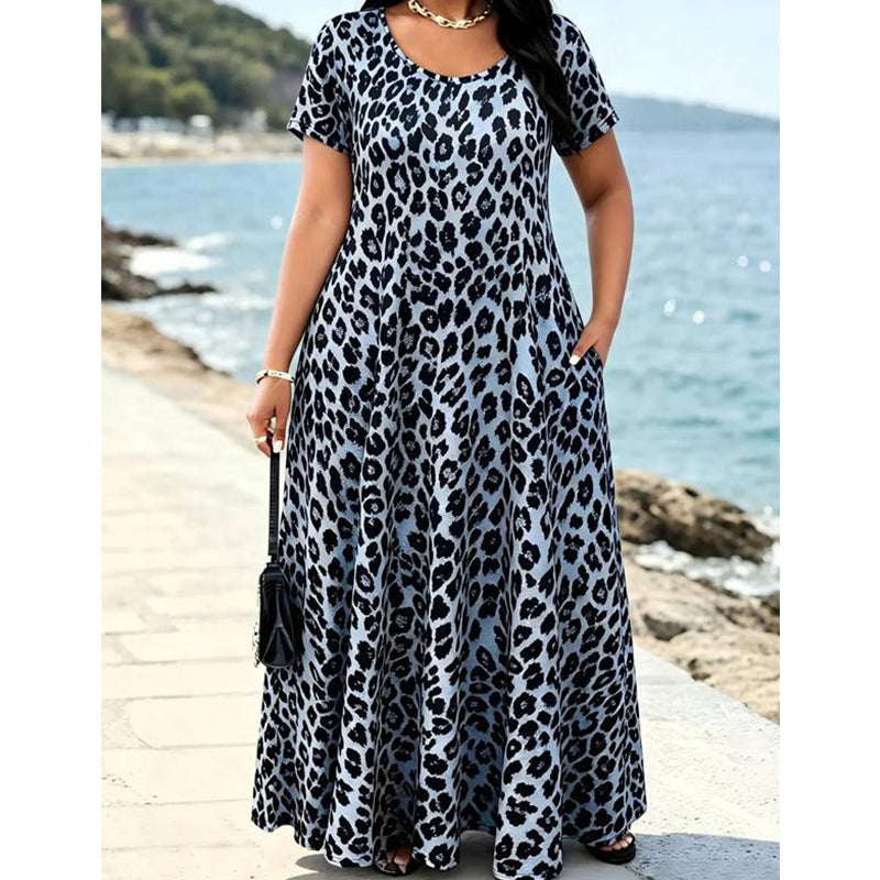 Robe longue décontractée à manches courtes imprimée léopard avec poches pour femme