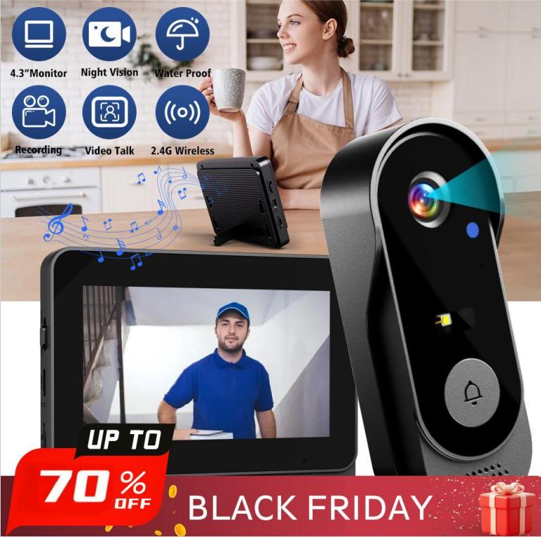 🔔 70 % de réduction + livraison gratuite 📹 Caméra de Sonnette Sans Fil 1080P – Champ de Vision 170°, Écran 4,3 Pouces & Vision Nocturne IPX65 🏡