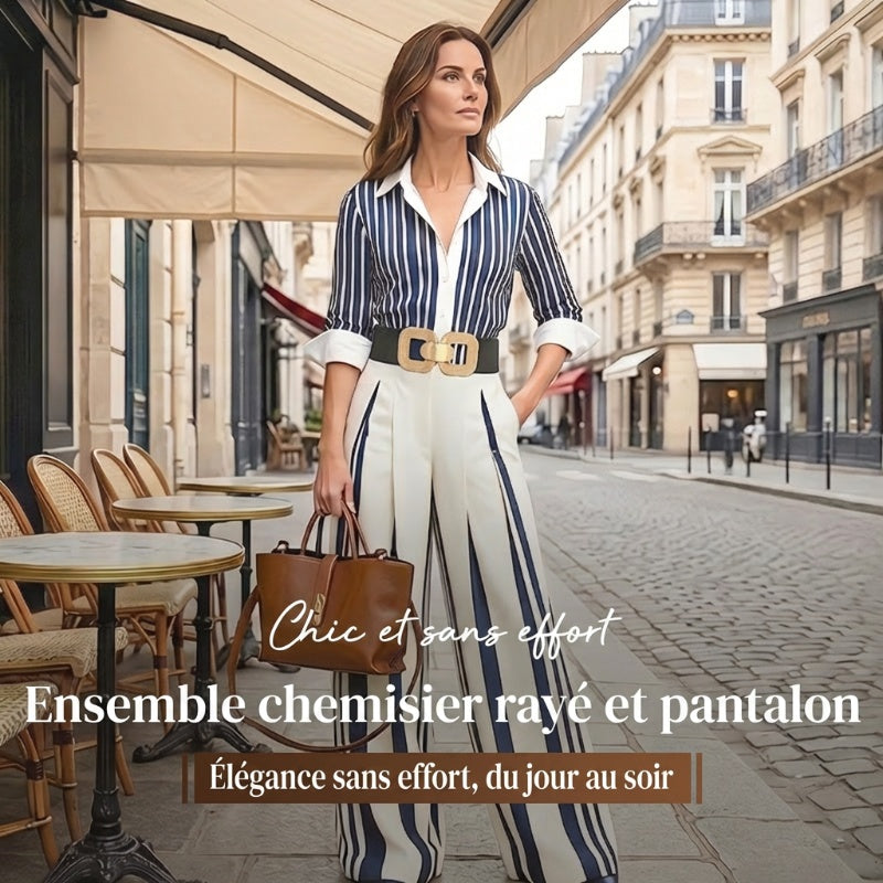 💘Nouveauté : 55% de réduction🍂Ensemble 2 pièces pour femme : chemise rayée et pantalon large