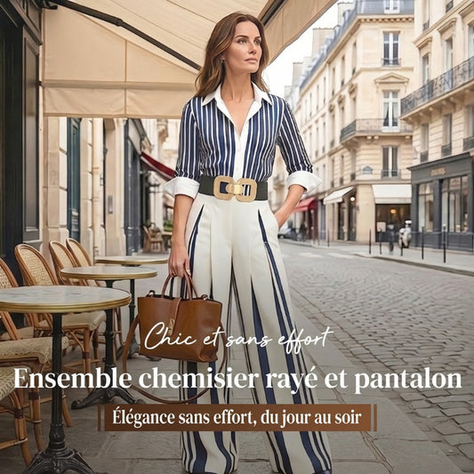 💘Nouveauté : 55% de réduction🍂Ensemble 2 pièces pour femme : chemise rayée et pantalon large