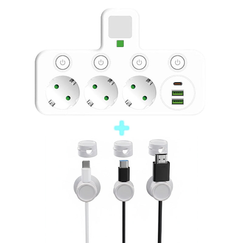 🔌 Adaptateur Prise EU 4-en-1 avec Interrupteurs Indépendants & Veilleuse Intégrée