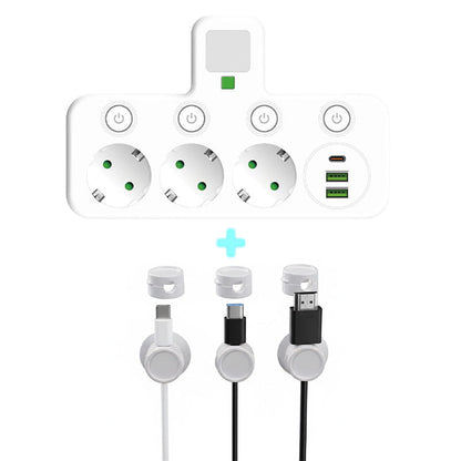 🔌 Adaptateur Prise EU 4-en-1 avec Interrupteurs Indépendants & Veilleuse Intégrée