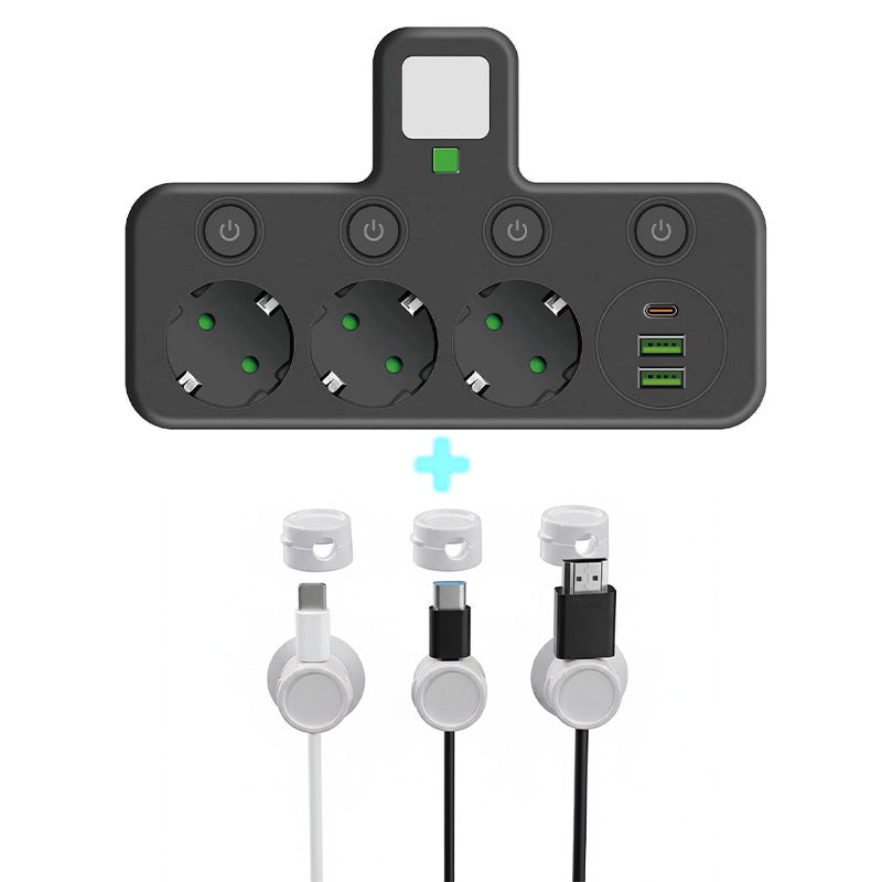 🔌 Adaptateur Prise EU 4-en-1 avec Interrupteurs Indépendants & Veilleuse Intégrée
