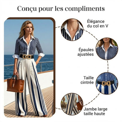 💘Nouveauté : 55% de réduction🍂Ensemble 2 pièces pour femme : chemise rayée et pantalon large