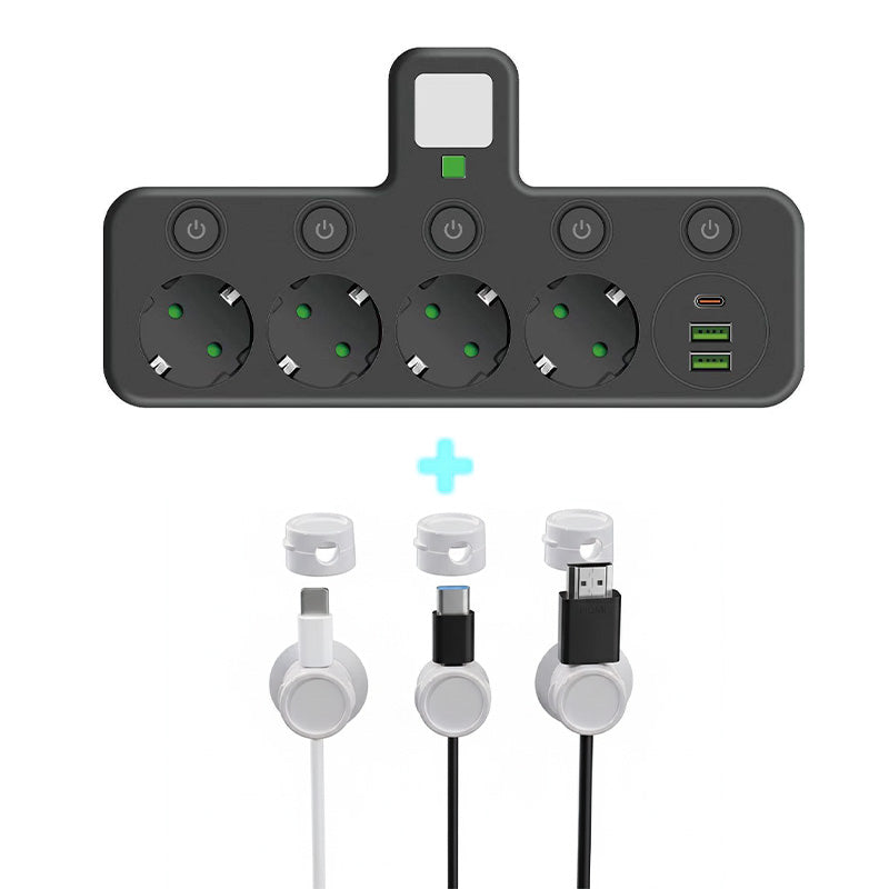 🔌 Adaptateur Prise EU 4-en-1 avec Interrupteurs Indépendants & Veilleuse Intégrée