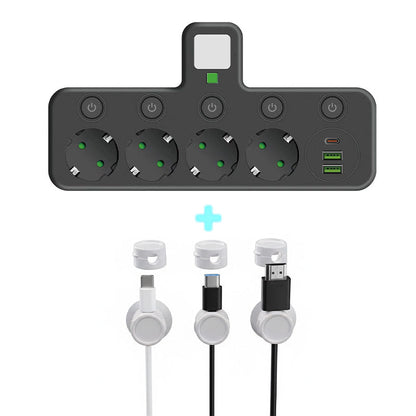 🔌 Adaptateur Prise EU 4-en-1 avec Interrupteurs Indépendants & Veilleuse Intégrée