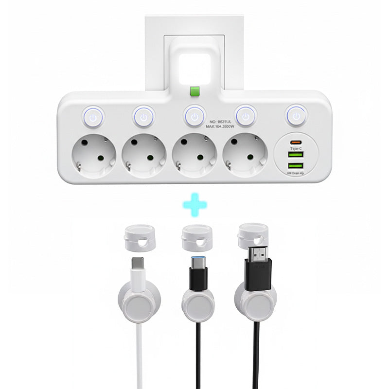 🔌 Adaptateur Prise EU 4-en-1 avec Interrupteurs Indépendants & Veilleuse Intégrée