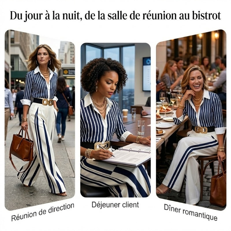 💘Nouveauté : 55% de réduction🍂Ensemble 2 pièces pour femme : chemise rayée et pantalon large