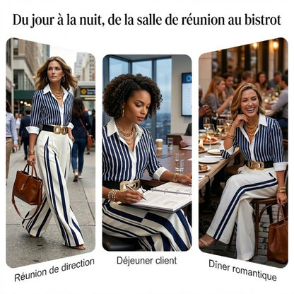 💘Nouveauté : 55% de réduction🍂Ensemble 2 pièces pour femme : chemise rayée et pantalon large