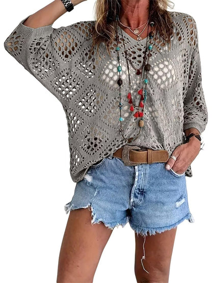 🌸 Haut en crochet beige pour femme, d'inspiration bohème, avec encolure en V – Respirant, coupe ample et idéal pour les journées d'été ☀️