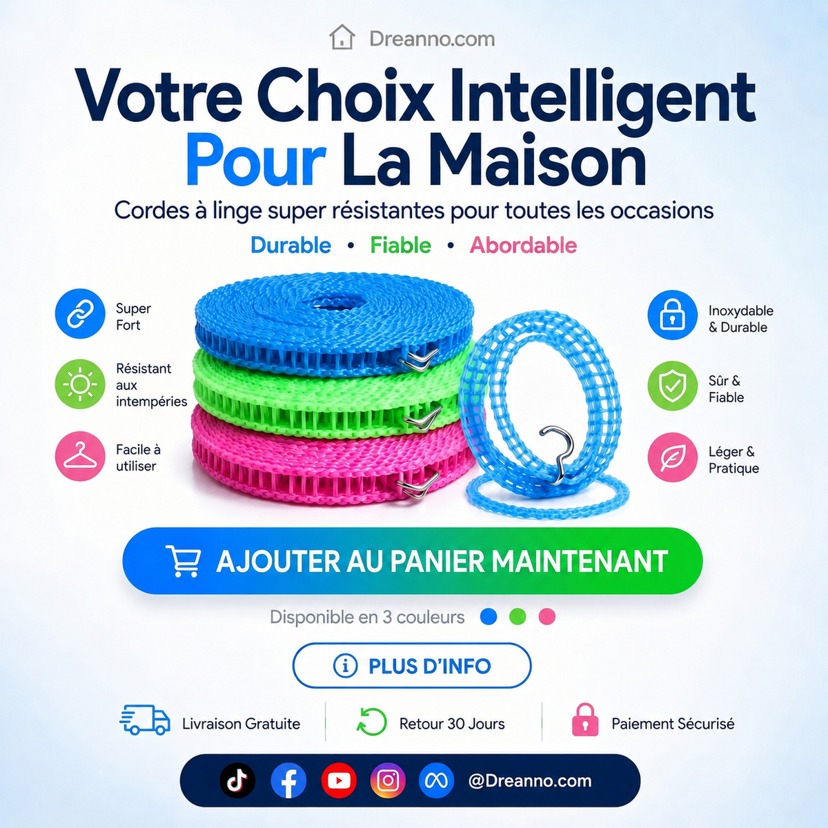 📢📢 ACHETEZ 1, OFFERT 1  !! ⏰🌬️ Corde à Linge Coupe-Vent & Antidérapante – Séchage Rapide, Accroche Sécurisée & Installation Facile ☀️