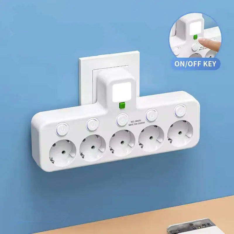 🔌 Adaptateur Prise EU 4-en-1 avec Interrupteurs Indépendants & Veilleuse Intégrée