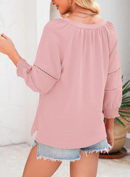 ✨ 57 % DE RÉDUCTION MAINTENANT ! 🌸 Haut décontracté pour femme à manches lanternes et col en V – Détail découpé à jour, poignets smockés et texture respirante