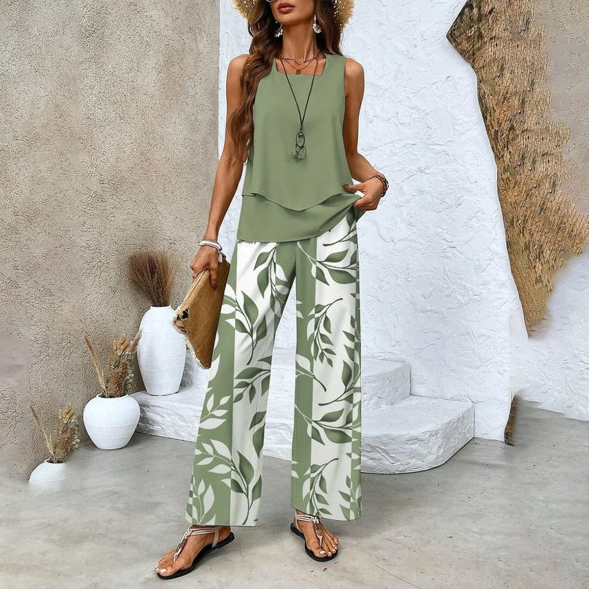 🔥 Hot Sale 53%OFF🌺Ensemble 2 pièces à imprimé tendance pour femmes - Top et pantalon sans manches