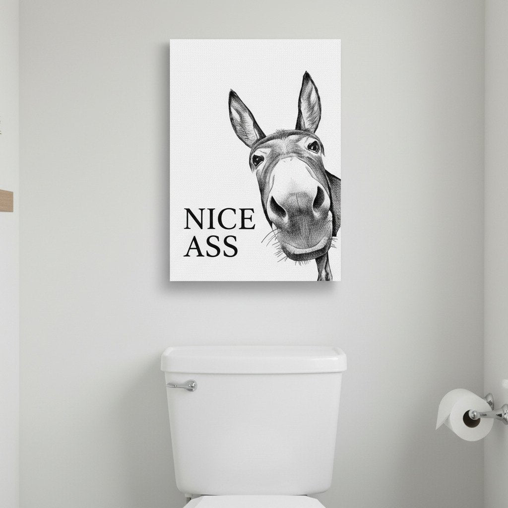 ⏳Spécial à durée limitée⏰Décoration murale humoristique pour salle de bain - Impression « Nice Ass » (Joli cul) avec un âne🫏🖼️