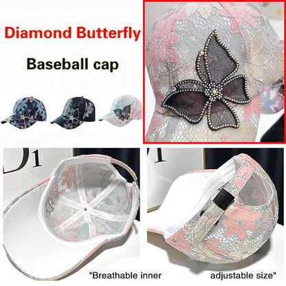 🧢✨🦋 Casquette de Baseball en Mesh – Motif Diamant & Papillon, Design Feminin avec Strass (Ajustable)