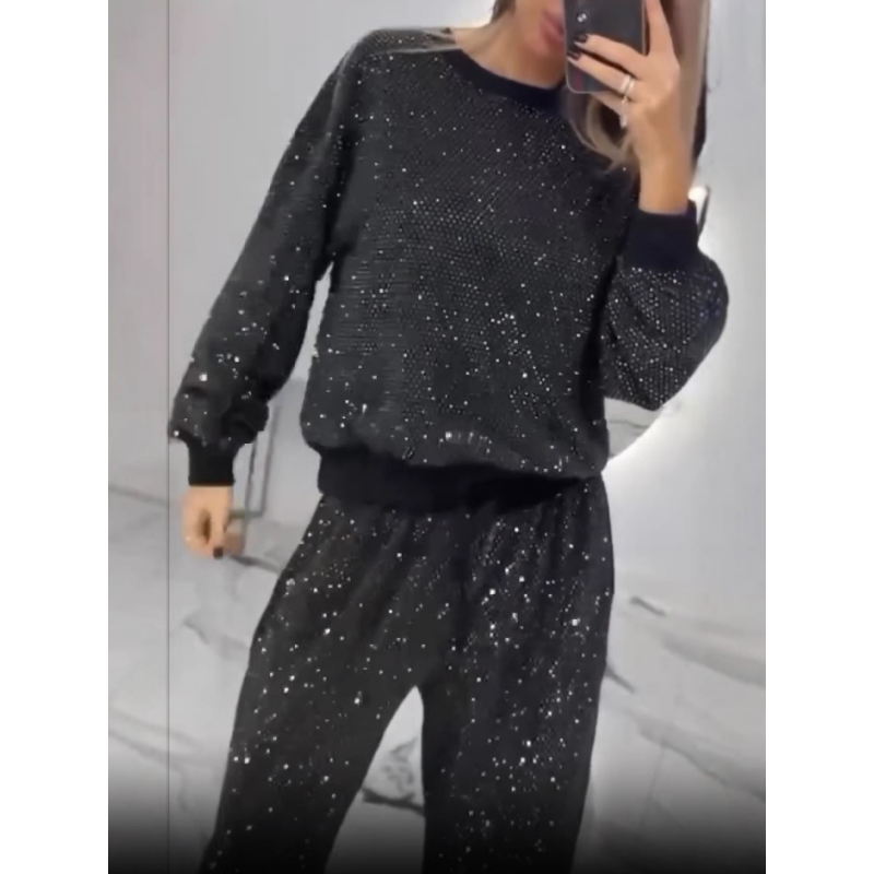 🎅Ventes anticipées de Noël🎄Haut ample à paillettes et pantalon large (ensemble 2 pièces)