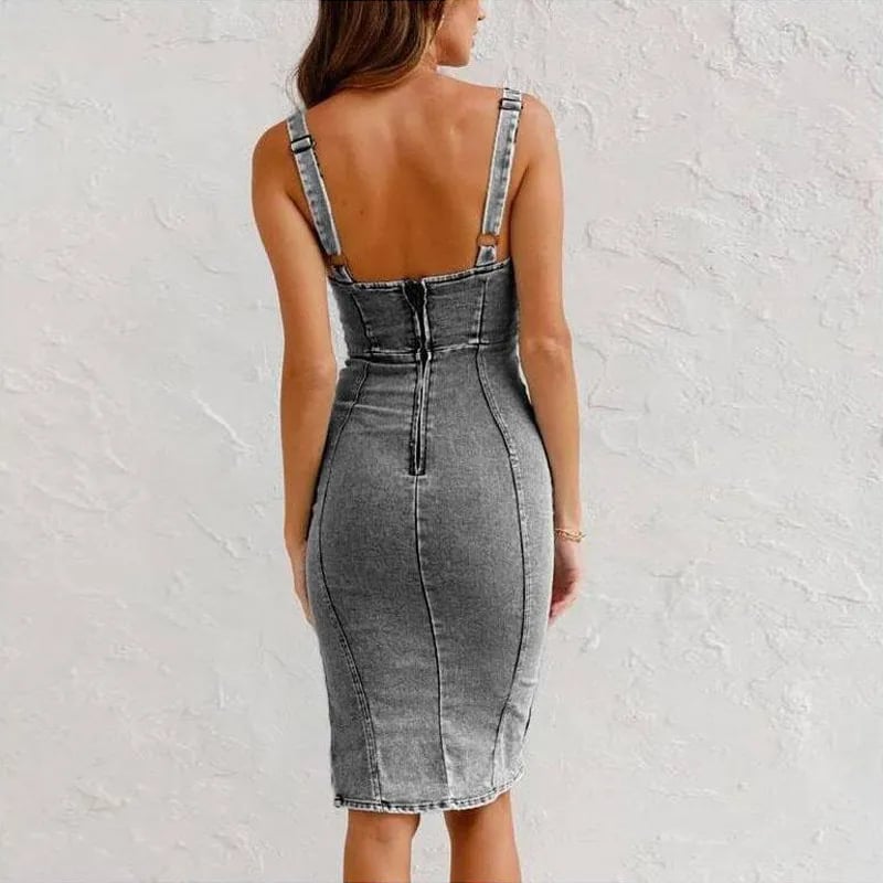 💙 Meilleure Vente 2026 | Robe Denim Moulante | Fente Séduisante & Bretelles Ajustables 🔥【-55%】