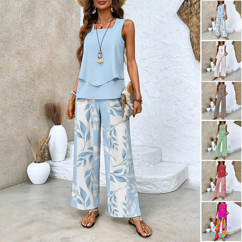 🔥 Hot Sale 53%OFF🌺Ensemble 2 pièces à imprimé tendance pour femmes - Top et pantalon sans manches