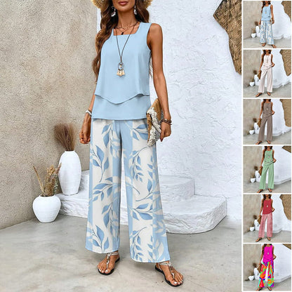 🔥 Hot Sale 53%OFF🌺Ensemble 2 pièces à imprimé tendance pour femmes - Top et pantalon sans manches