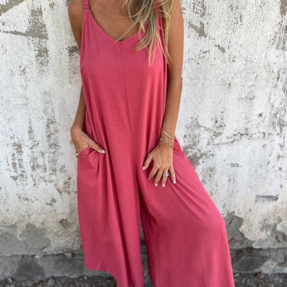 👗 Combinaison décontractée coton & lin pour femme 🌿Coupe ample, poches & bretelles réglables – Légère, respirante & parfaite pour les journées chaudes, les voyages ou le quotidien ☀️