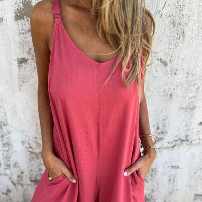 👗 Combinaison décontractée coton & lin pour femme 🌿Coupe ample, poches & bretelles réglables – Légère, respirante & parfaite pour les journées chaudes, les voyages ou le quotidien ☀️