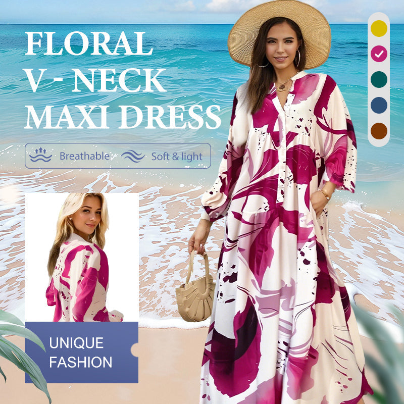 ✨Robe Longue Col V Femme ✅ Imprimé Floral Abstrait & Tissu Fluide | Élégante pour l’Été 🌸 -50% AUJOURD’HUI 🔥