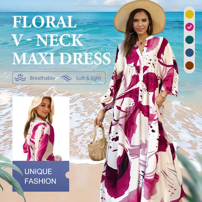 ✨Robe Longue Col V Femme ✅ Imprimé Floral Abstrait & Tissu Fluide | Élégante pour l’Été 🌸 -50% AUJOURD’HUI 🔥