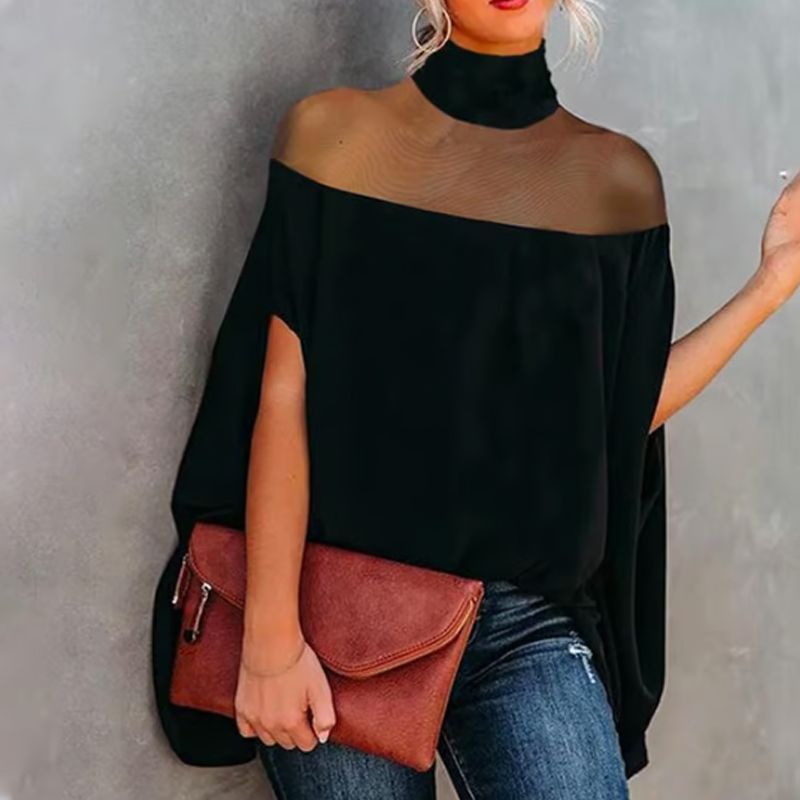 💥🦇 PROMO LIMITÉE -50% ! Chemisier Chauve-Souris à Col Haut pour Femme — Détail Transparent, Coupe Ample ✨