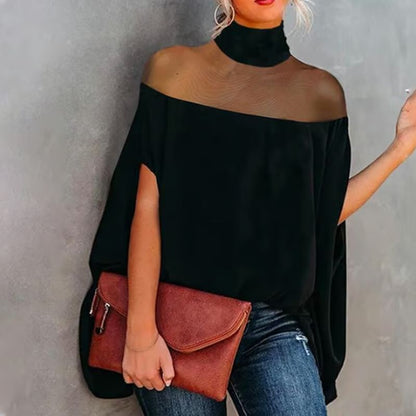 💥🦇 PROMO LIMITÉE -50% ! Chemisier Chauve-Souris à Col Haut pour Femme — Détail Transparent, Coupe Ample ✨
