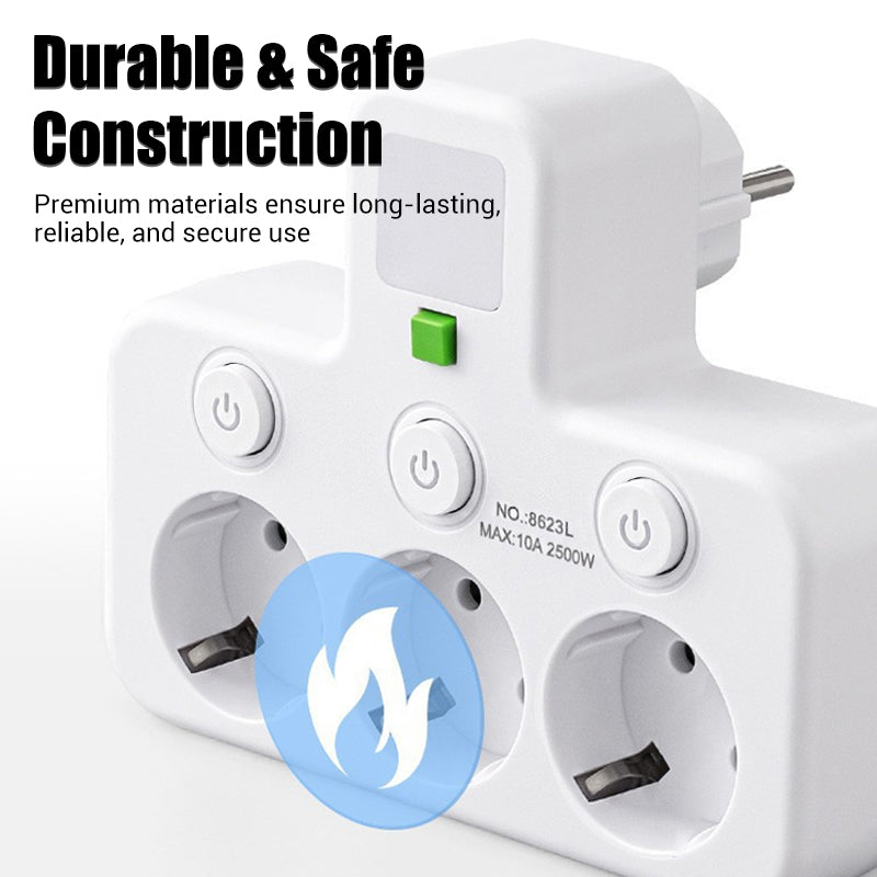 🔌 Adaptateur Prise EU 4-en-1 avec Interrupteurs Indépendants & Veilleuse Intégrée