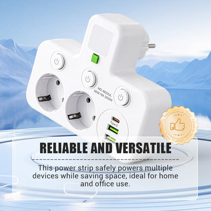 🔌 Adaptateur Prise EU 4-en-1 avec Interrupteurs Indépendants & Veilleuse Intégrée