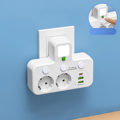 🔌 Adaptateur Prise EU 4-en-1 avec Interrupteurs Indépendants & Veilleuse Intégrée