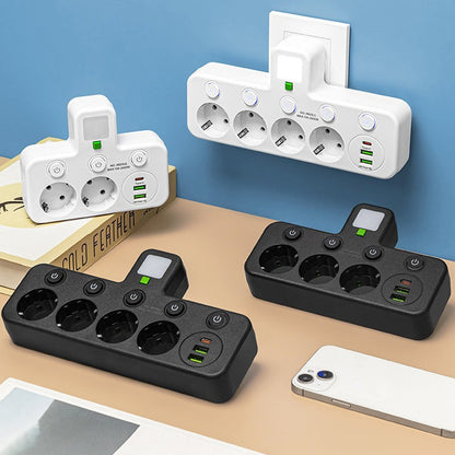 🔌 Adaptateur Prise EU 4-en-1 avec Interrupteurs Indépendants & Veilleuse Intégrée