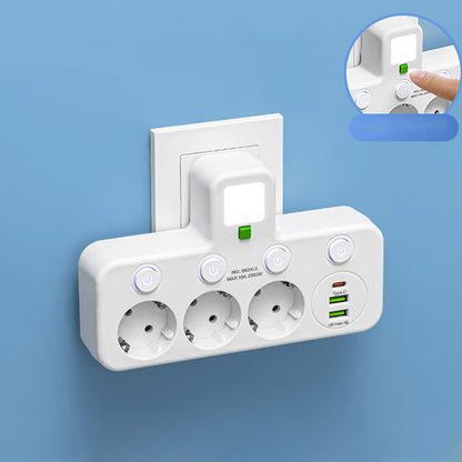 🔌 Adaptateur Prise EU 4-en-1 avec Interrupteurs Indépendants & Veilleuse Intégrée