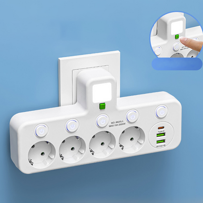 🔌 Adaptateur Prise EU 4-en-1 avec Interrupteurs Indépendants & Veilleuse Intégrée