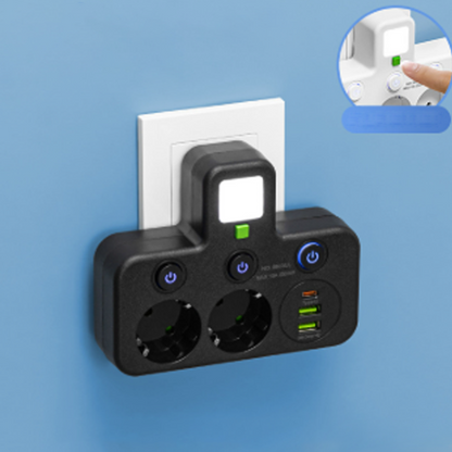 🔌 Adaptateur Prise EU 4-en-1 avec Interrupteurs Indépendants & Veilleuse Intégrée