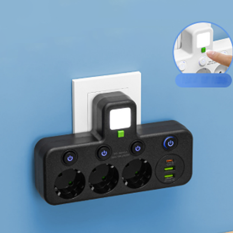 🔌 Adaptateur Prise EU 4-en-1 avec Interrupteurs Indépendants & Veilleuse Intégrée