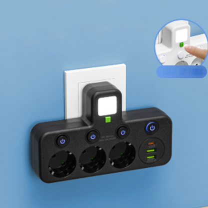 🔌 Adaptateur Prise EU 4-en-1 avec Interrupteurs Indépendants & Veilleuse Intégrée