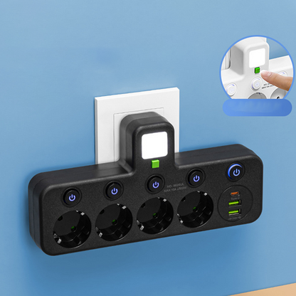 🔌 Adaptateur Prise EU 4-en-1 avec Interrupteurs Indépendants & Veilleuse Intégrée
