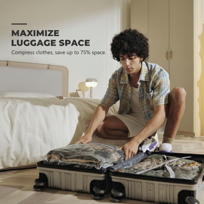 🎒 50% DE RÉDUCTION ⚡ Kit de compression sans fil portable – Pompe 4500 Pa & gain d’espace 75% – 3 tailles, rechargeable – parfait pour voyages, rangement ou literie 🧳
